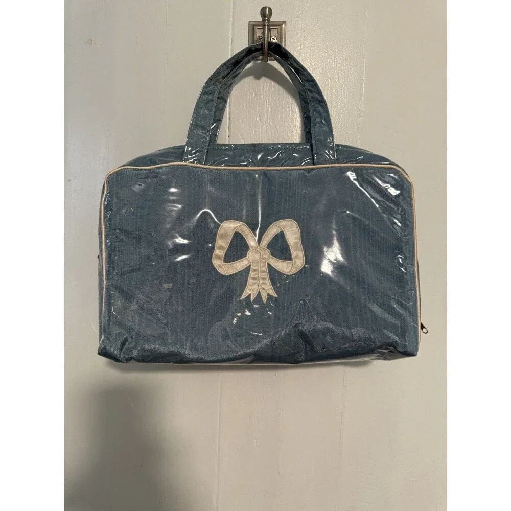 Women’s Travel Toiletry Bag Waterproof Clear Coated Blue Ribbon Set Of 3
